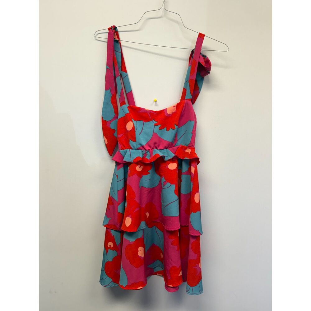 Show Me Your Mumu March Mini Dress XS Pink Red Floral Tiered Ruffle Tie Strap